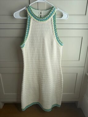 House of Harlow 1960 Cream Crochet Halter Dress with Green & Blue Trim S NWT